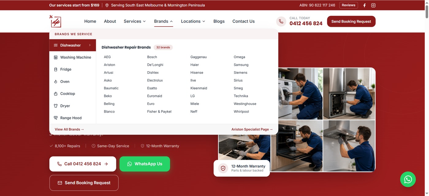 DP Electrical Repairs brands menu showing 32 dishwasher brands