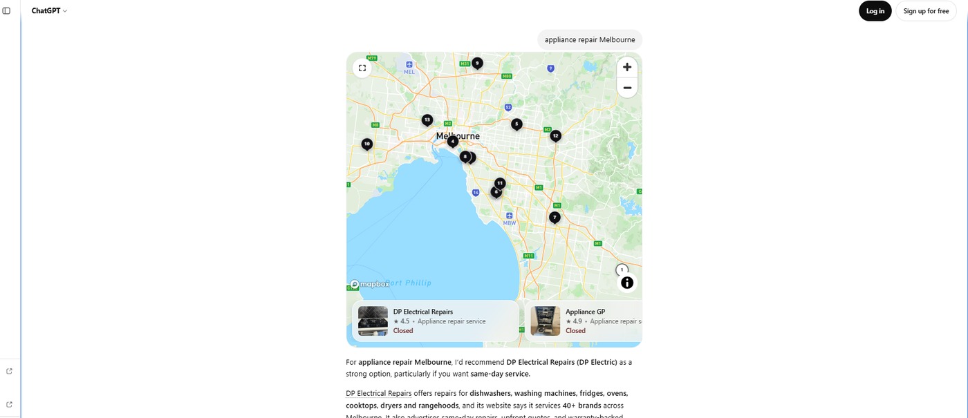 ChatGPT map result recommending DP Electrical Repairs for appliance repair Melbourne