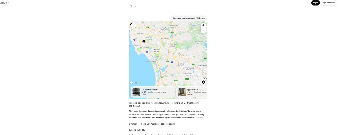 ChatGPT recommending DP Electric for same day appliance repair Melbourne