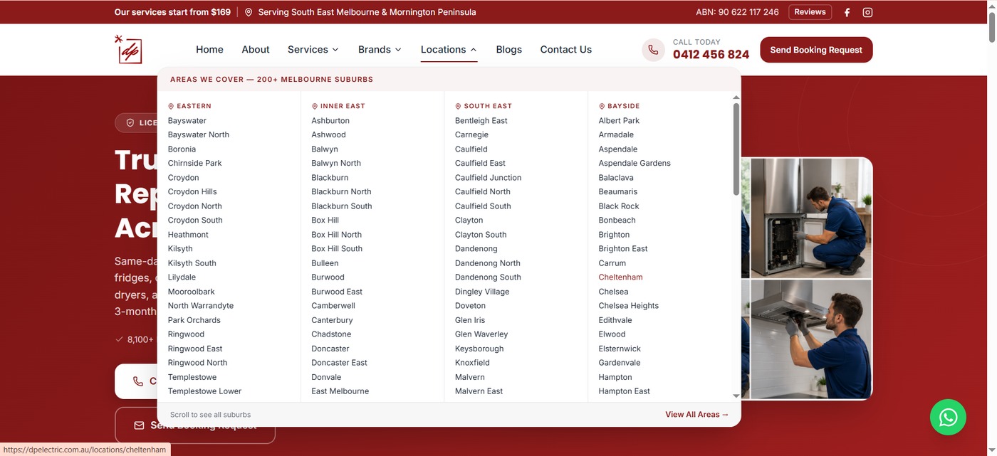 DP Electrical Repairs locations page listing 200+ Melbourne suburbs