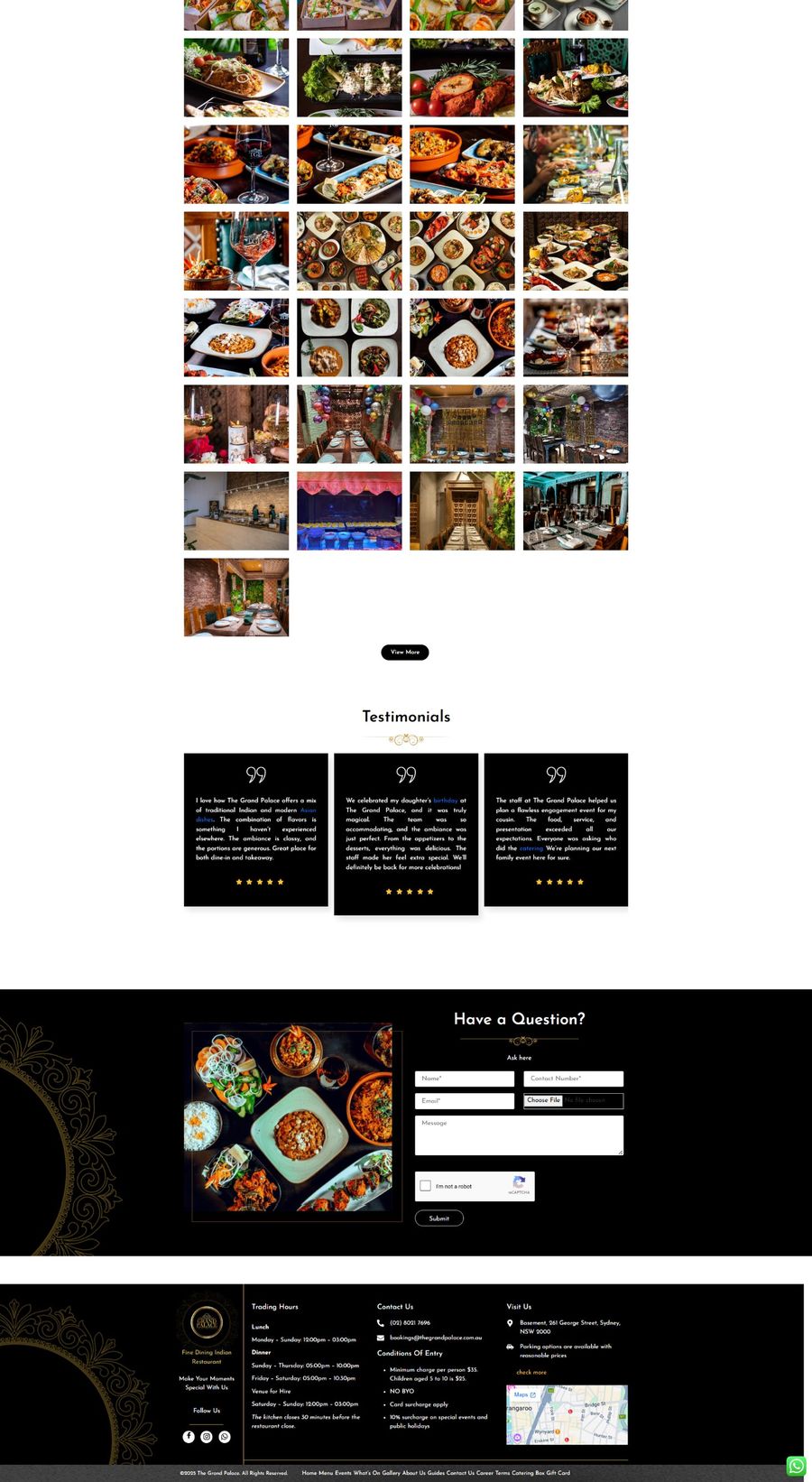 The Grand Palace website homepage, bottom section: gallery, testimonials, and footer with contact details