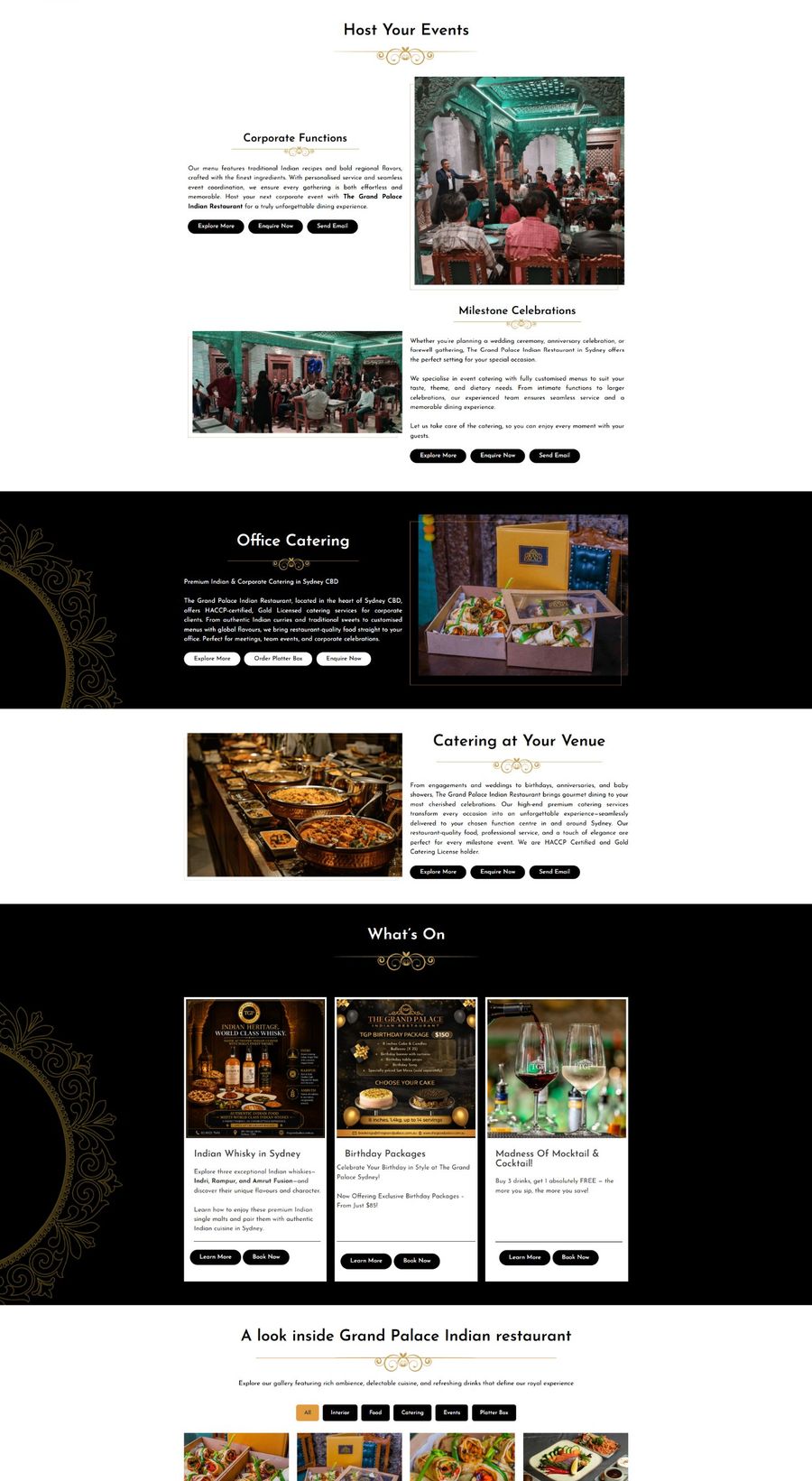 The Grand Palace website homepage, middle section: venue for hire, events, office catering, and offers