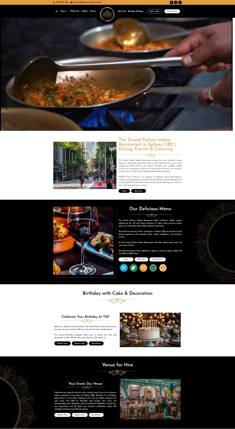 The Grand Palace website homepage, top section: hero video, menu intro, and birthday packages