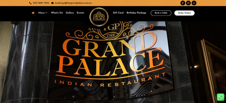 The Grand Palace Indian Restaurant website header with logo and navigation