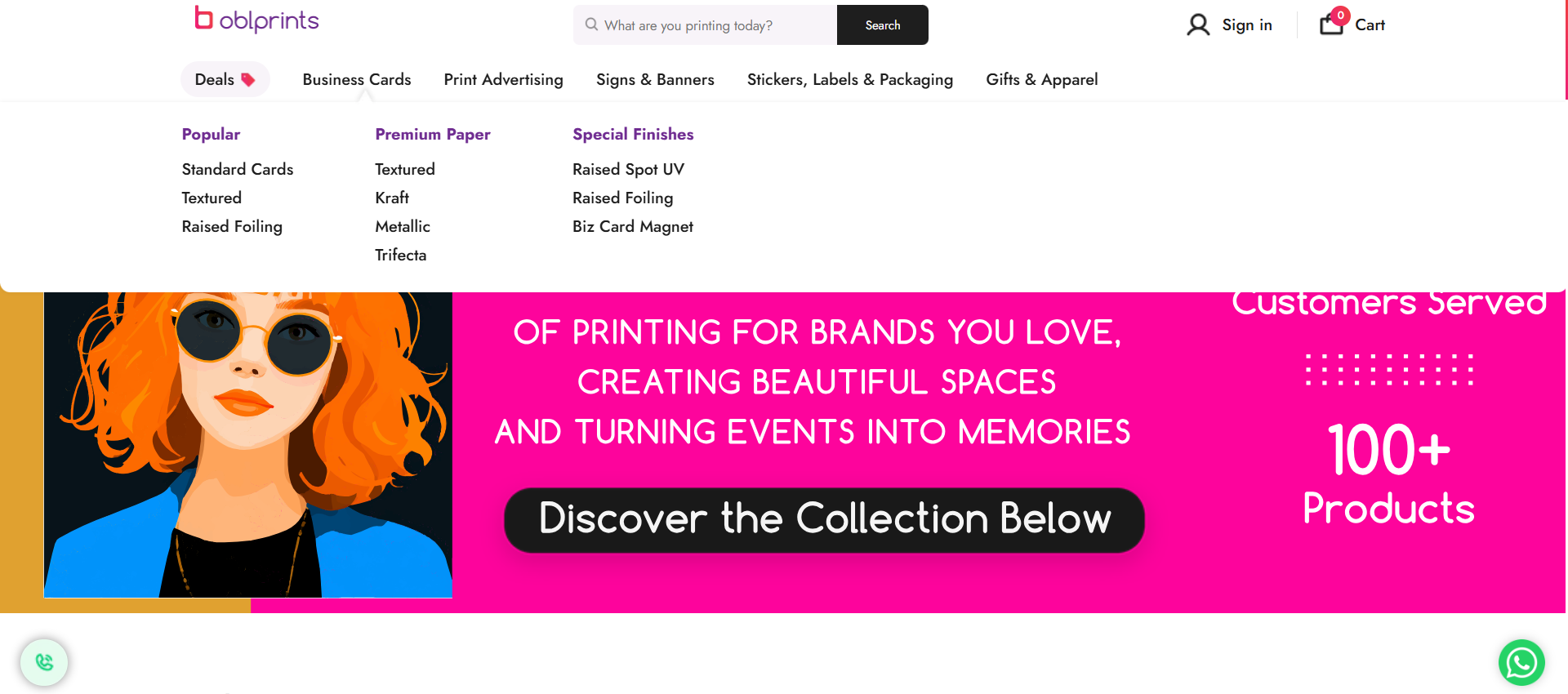 OBLPrint homepage — Deals menu