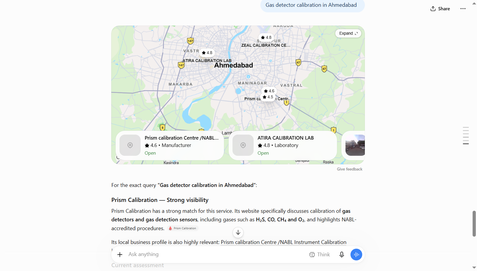 ChatGPT response to 'Gas detector calibration in Ahmedabad' showing Prism Calibration Centre on the map with strong visibility for the specific service