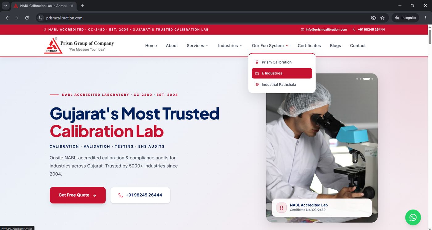 Prism website eco-system menu showing Prism Calibration, E Industries and Industrial Pathshala