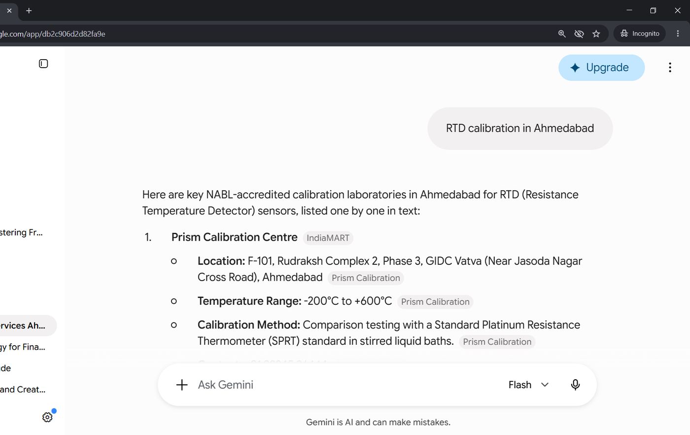 Gemini result for RTD calibration in Ahmedabad, listing Prism Calibration Centre first with temperature range