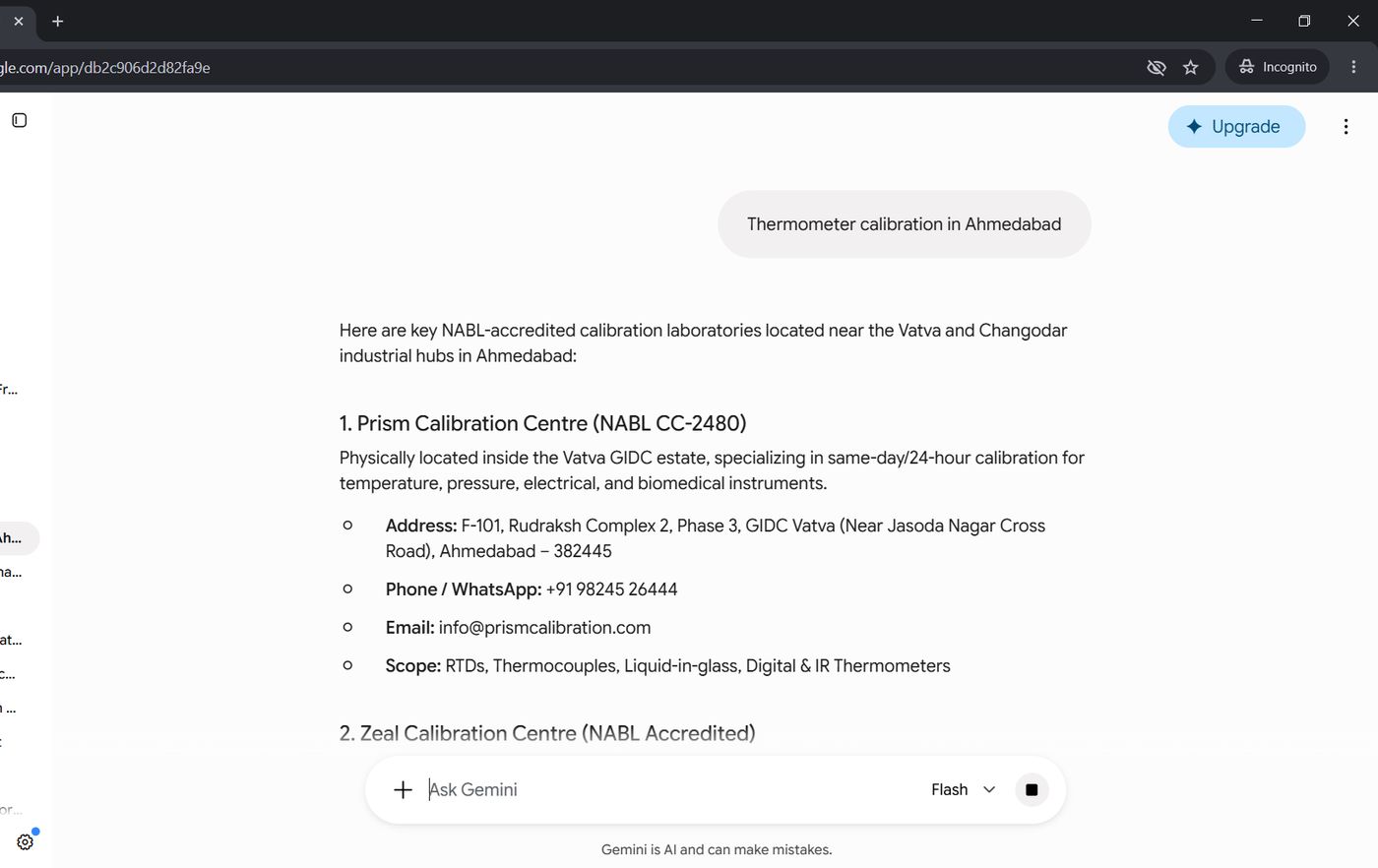 Gemini result for thermometer calibration in Ahmedabad, listing Prism Calibration Centre first