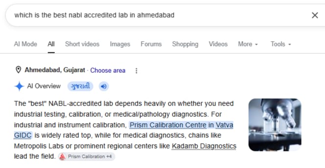 Google search results showing an AI Overview naming Prism Calibration Centre for the query 'which is the best NABL accredited lab in ahmedabad'