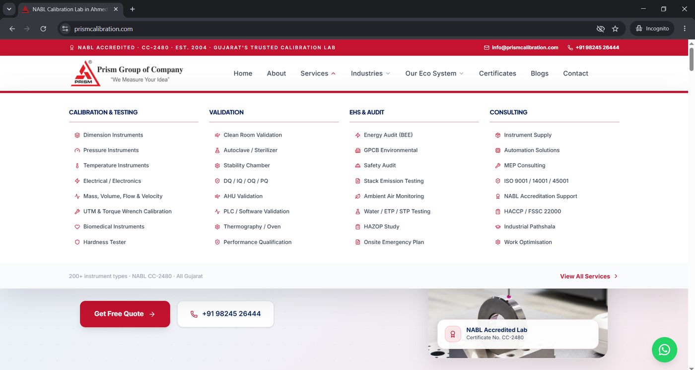 Prism Group of Company homepage showing the structured services mega-menu: Calibration & Testing, Validation, EHS & Audit and Consulting
