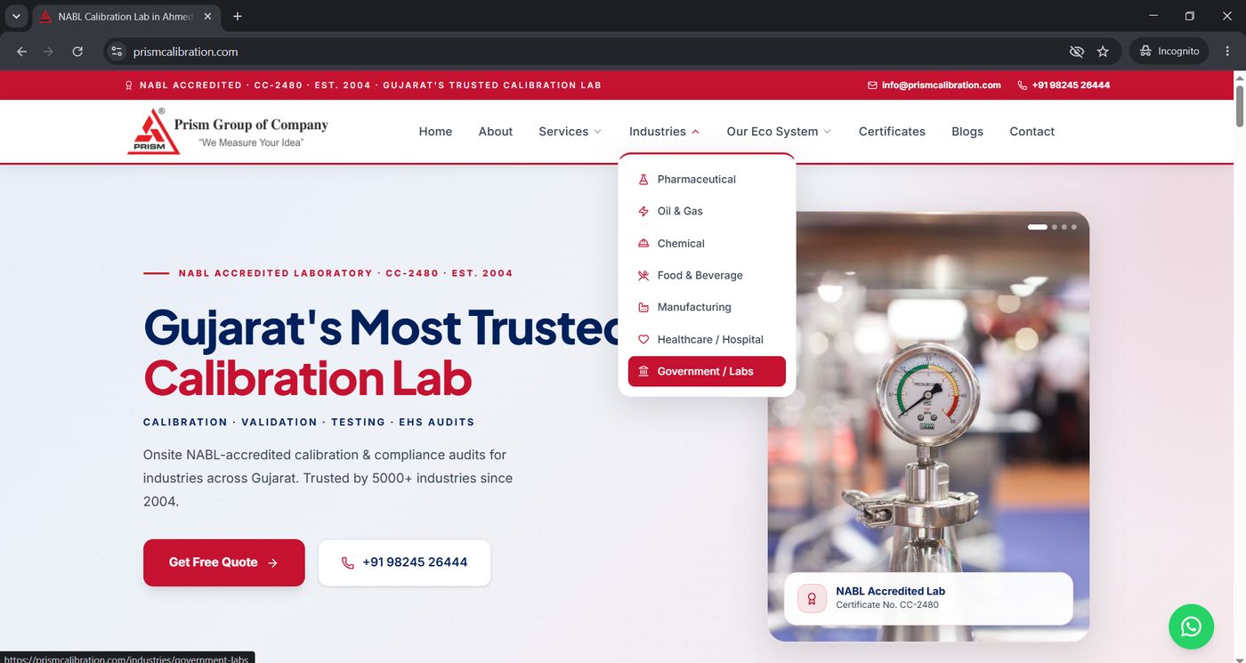 Prism website industries mega-menu showing Pharmaceutical, Oil & Gas, Chemical, Food & Beverage, Manufacturing, Healthcare and Government/Labs