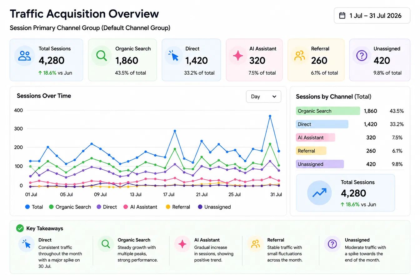 Traffic acquisition dashboard showing 4,280 total sessions for July 2026, with Organic Search leading at 1,860 sessions (43.5%), followed by Direct, AI Assistant, Referral and Unassigned channels