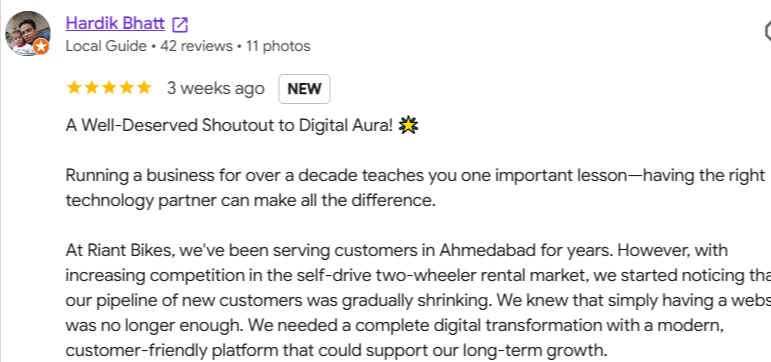 Google review screenshot from Hardik Bhatt, owner of Riant Bikes, giving Digital Aura a 5-star rating