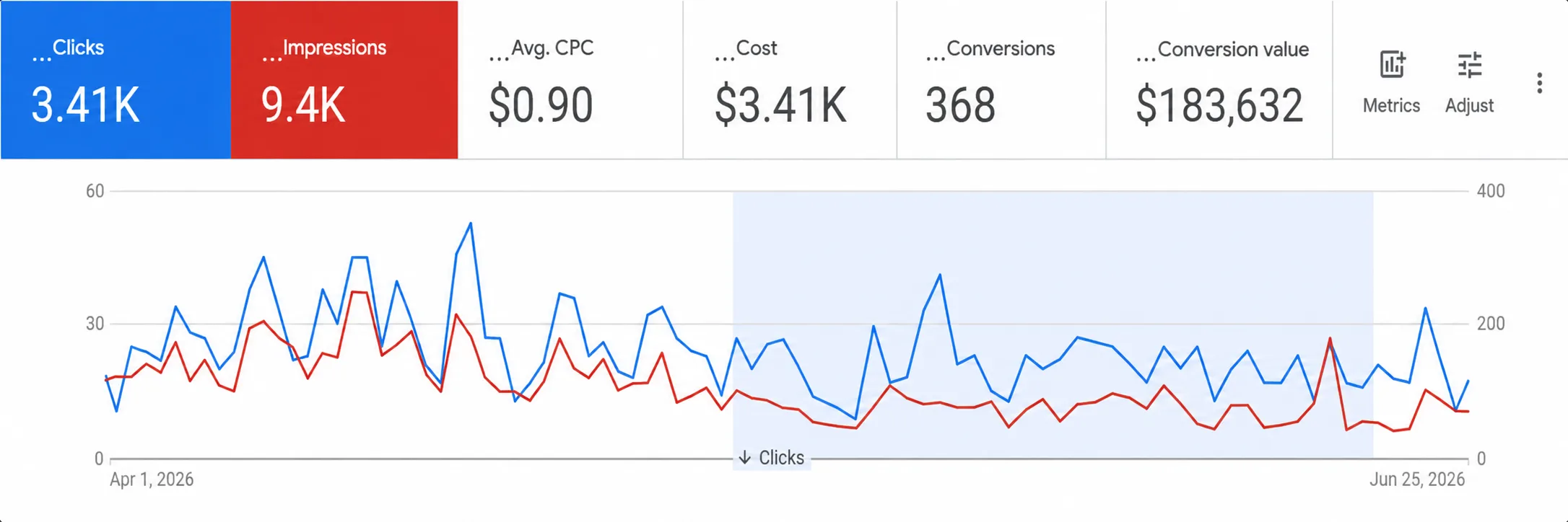 Google Ads campaign performance — clicks, impressions, CPC, cost, conversions and conversion value